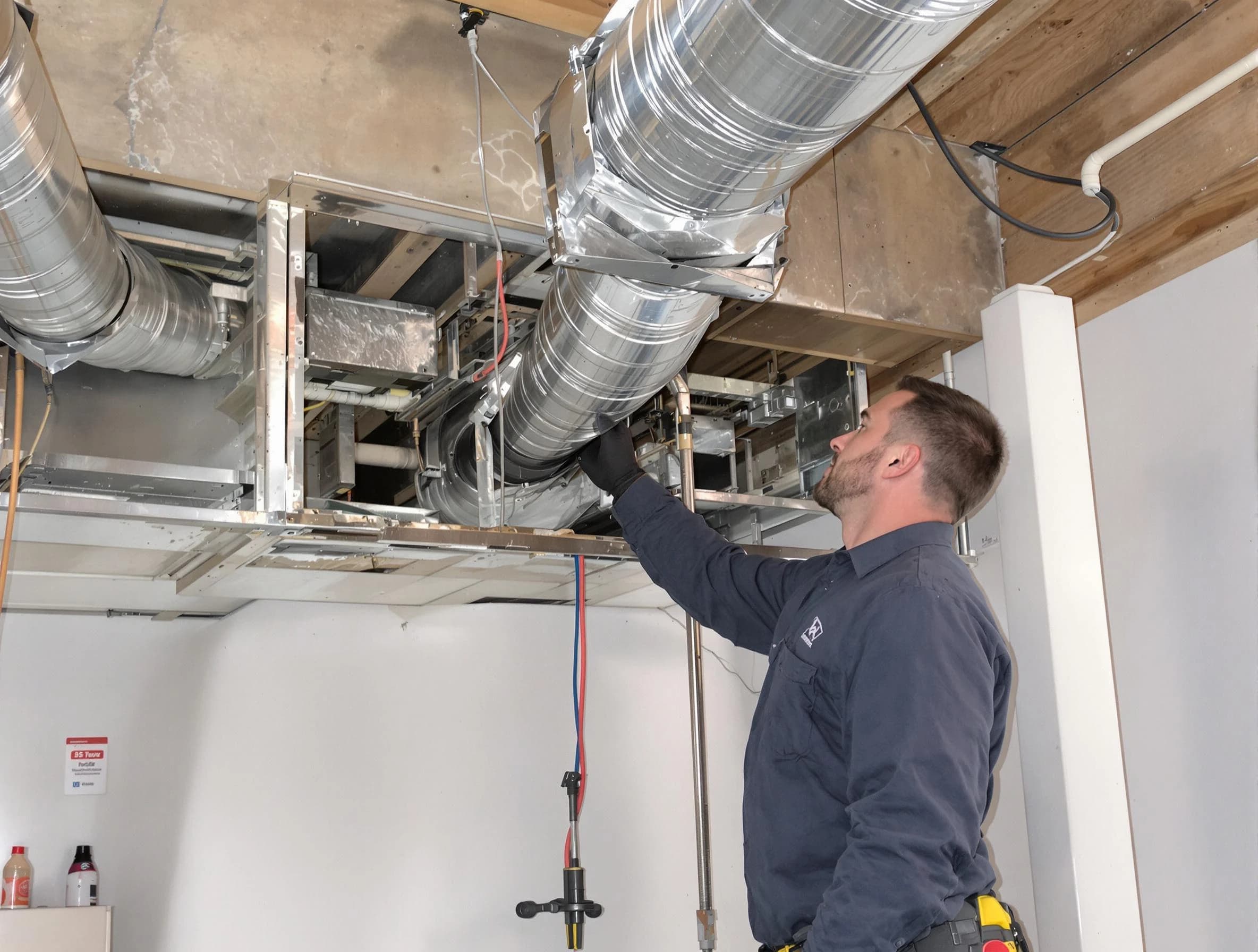 Brook Highland Air Duct Cleaning technician performing professional air duct repair using specialized tools in Brook Highland