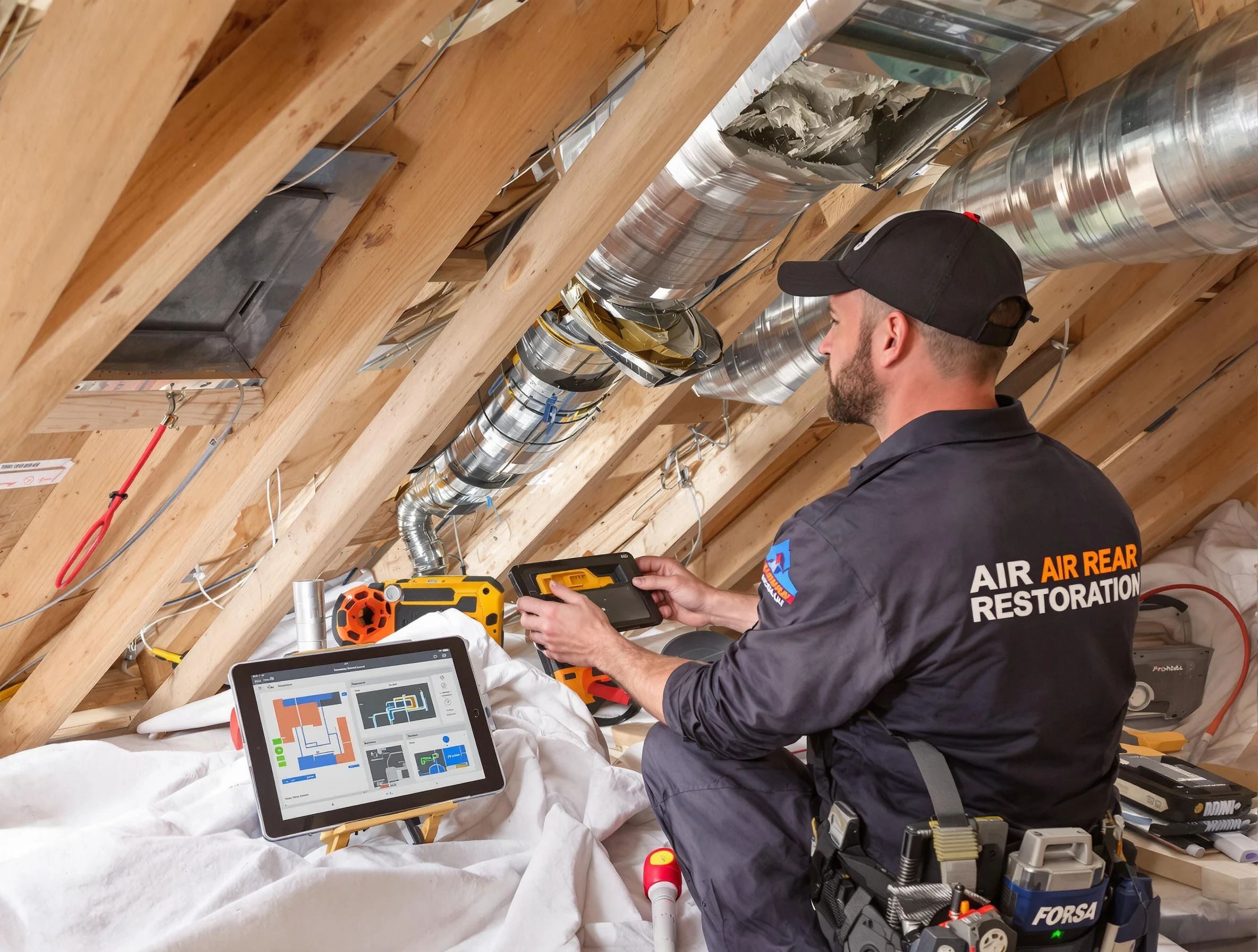 Brook Highland Air Duct Cleaning technician performing precise duct repair work in Brook Highland