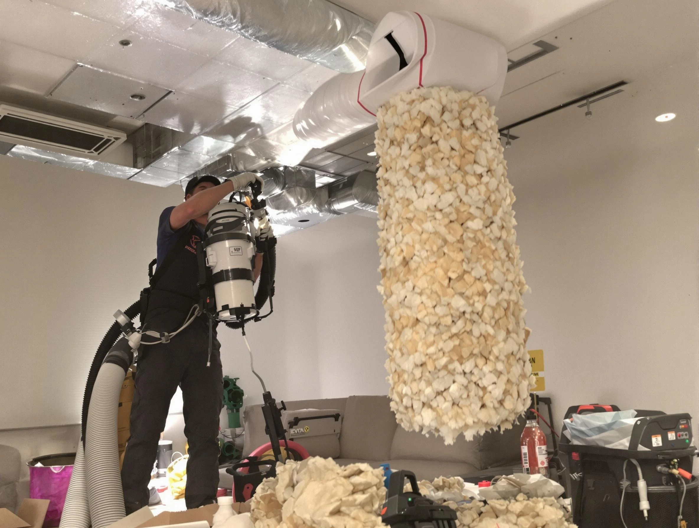 Brook Highland Air Duct Cleaning technician performing precision vacuum insulation removal in a residential property in Brook Highland